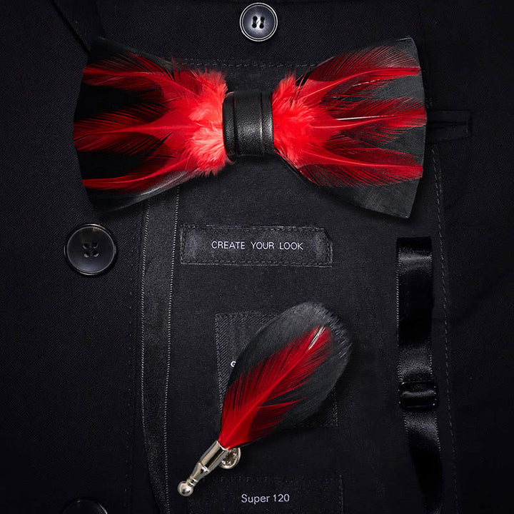 Papillon con piume pre-annodato rosso bianco bordeaux