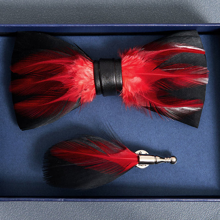 Papillon con piume pre-annodato rosso bianco bordeaux