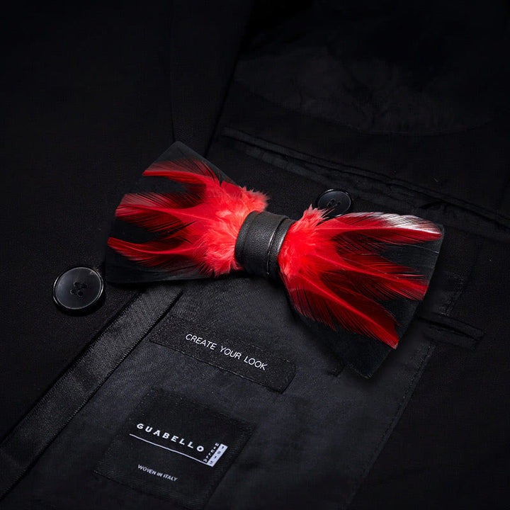 Papillon con piume pre-annodato rosso bianco bordeaux