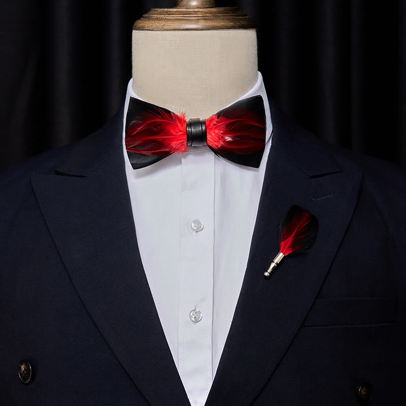 Papillon con piume pre-annodato rosso bianco bordeaux