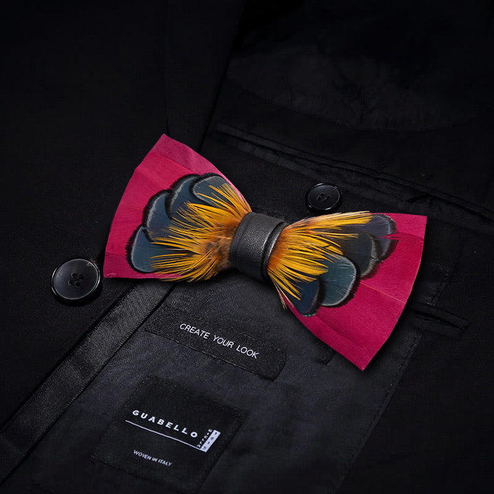 Papillon simmetrico con piume rosa e arancioni con spilla da bavero - image 2
