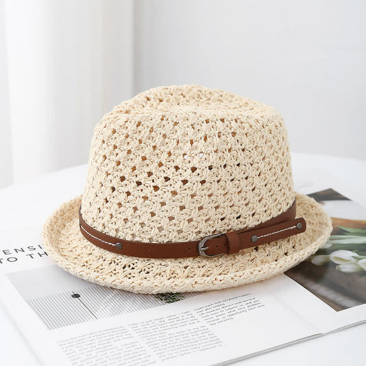 Cappello da uomo in paglia con cinturino decorativo in pelle traforata