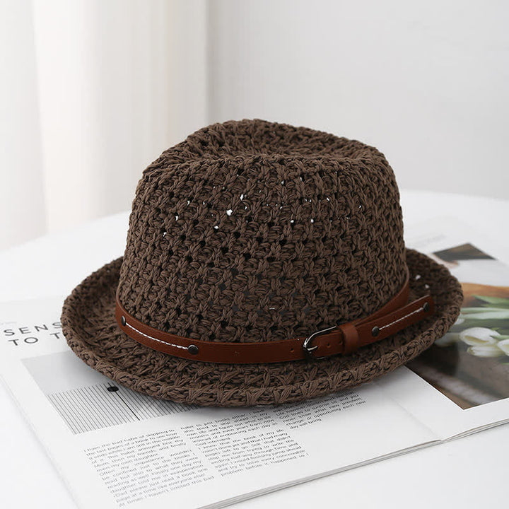 Cappello da uomo in paglia con cinturino decorativo in pelle traforata