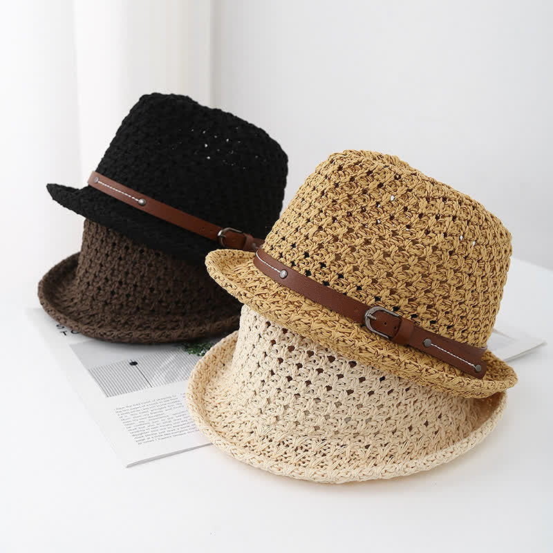 Cappello da uomo in paglia con cinturino decorativo in pelle traforata