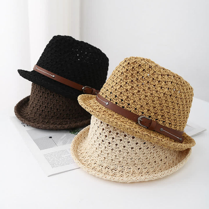 Cappello da uomo in paglia con cinturino decorativo in pelle traforata