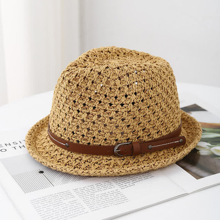 Cappello da uomo in paglia con cinturino decorativo in pelle traforata