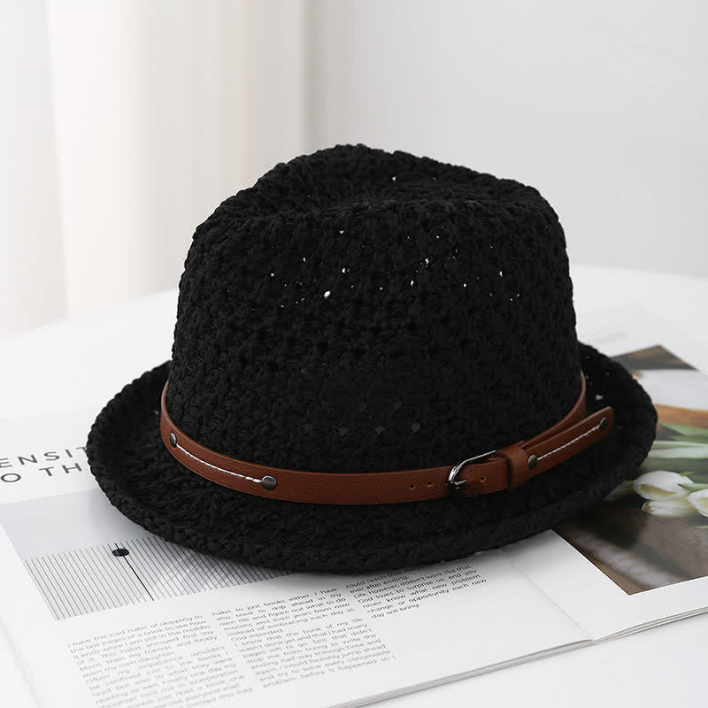 Cappello da uomo in paglia con cinturino decorativo in pelle traforata