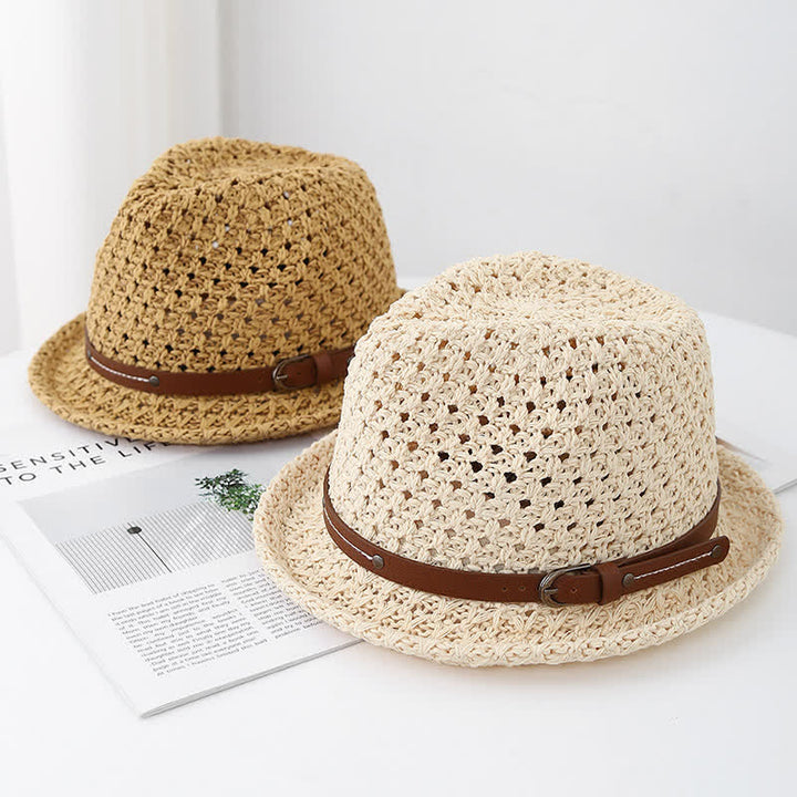 Cappello da uomo in paglia con cinturino decorativo in pelle traforata