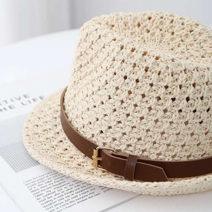 Cappello da uomo in stile classico britannico con cinturino in pelle e paglia Fedora