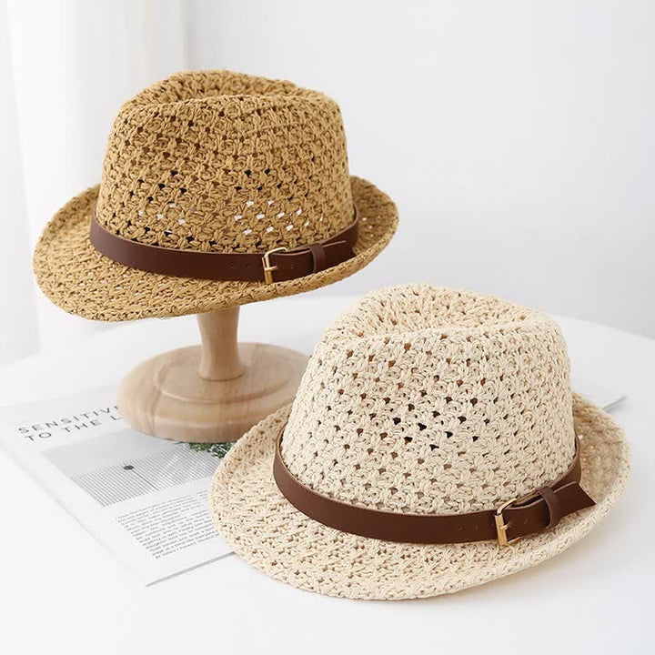 Cappello da uomo in stile classico britannico con cinturino in pelle e paglia Fedora
