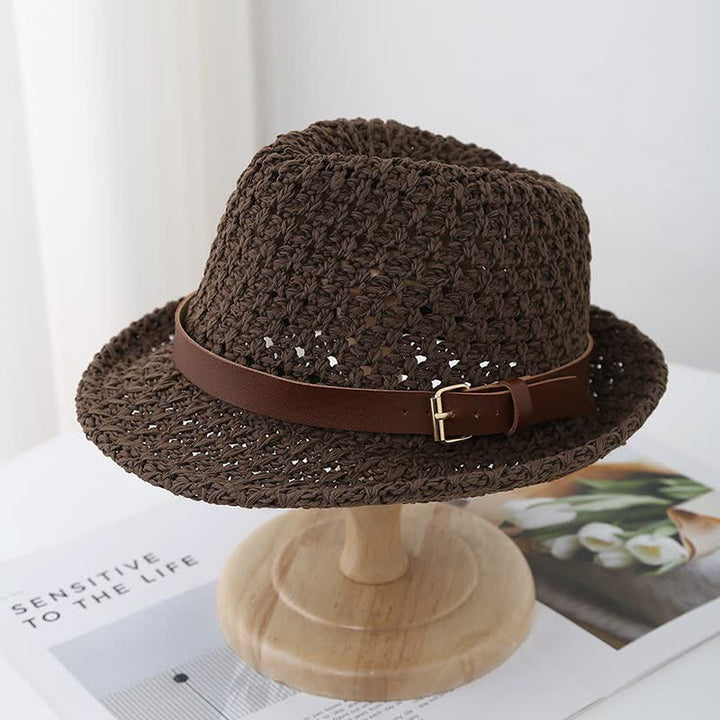 Cappello da uomo in stile classico britannico con cinturino in pelle e paglia Fedora