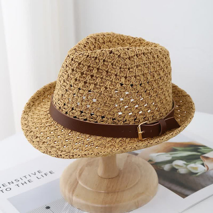 Cappello da uomo in stile classico britannico con cinturino in pelle e paglia Fedora - Cachi - M (22"-22 7/8") - image 5