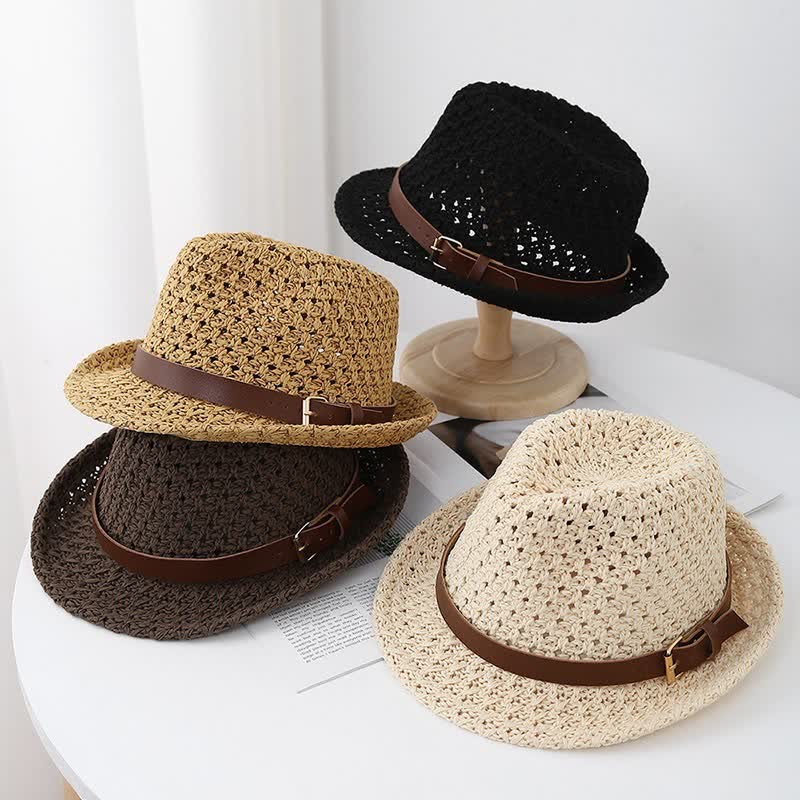 Cappello da uomo in stile classico britannico con cinturino in pelle e paglia Fedora