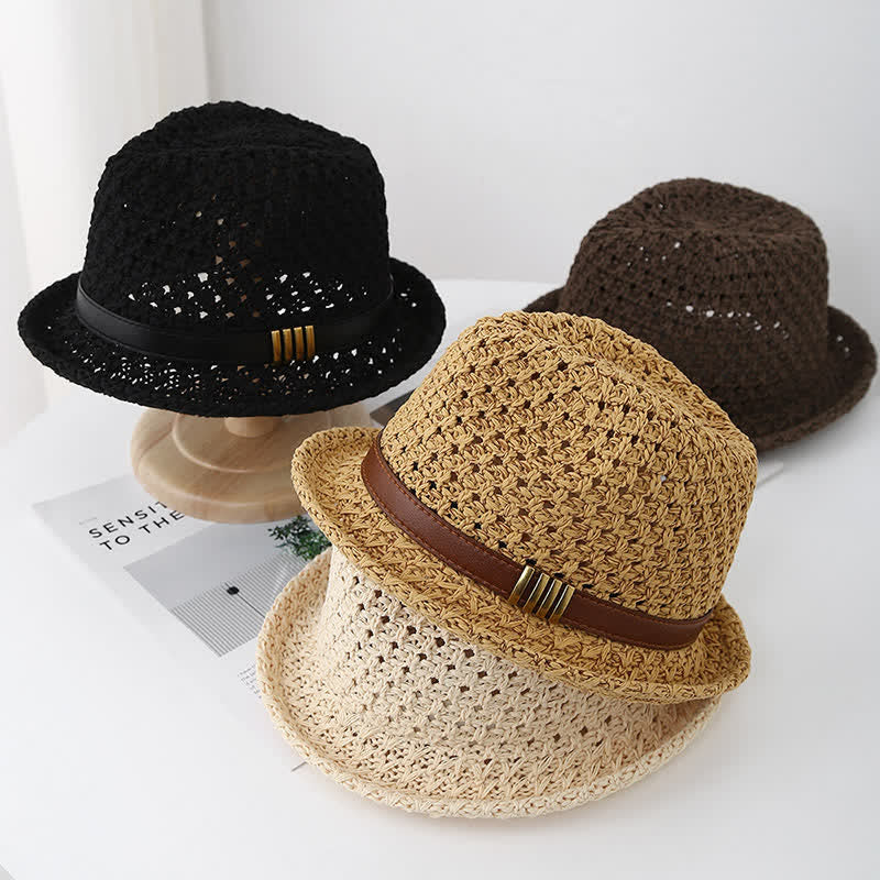 Cappello da uomo in paglia estiva pieghevole con cinturino in pelle