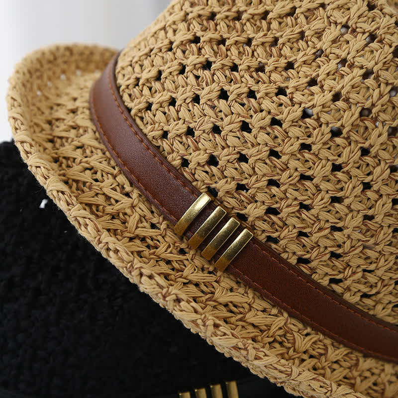 Cappello da uomo in paglia estiva pieghevole con cinturino in pelle