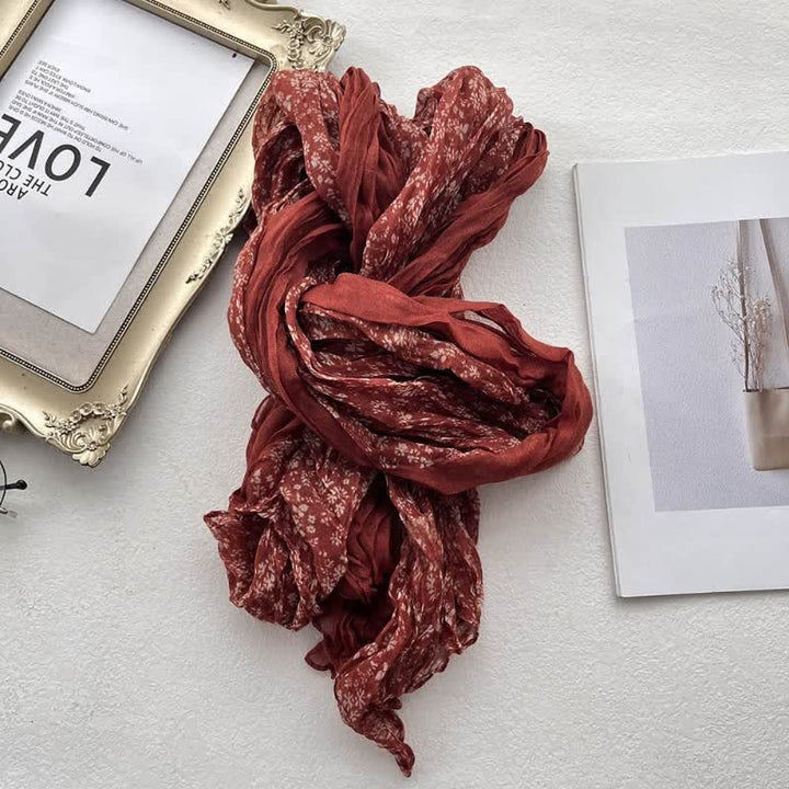 Sciarpa sottile in lino e cotone con pieghe floreali artistiche da donna - Rosso - image 6