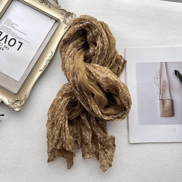 Sciarpa sottile in lino e cotone con pieghe floreali artistiche da donna