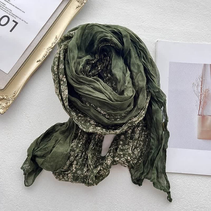 Sciarpa sottile in lino e cotone con pieghe floreali artistiche da donna