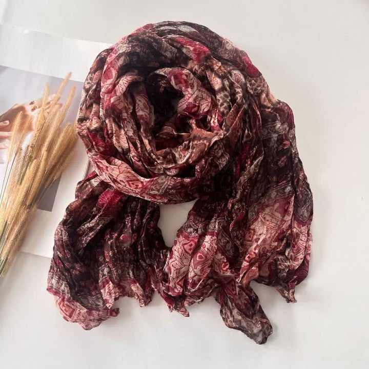 Sciarpa autunnale sottile in lino e cotone plissettato in stile etnico da donna