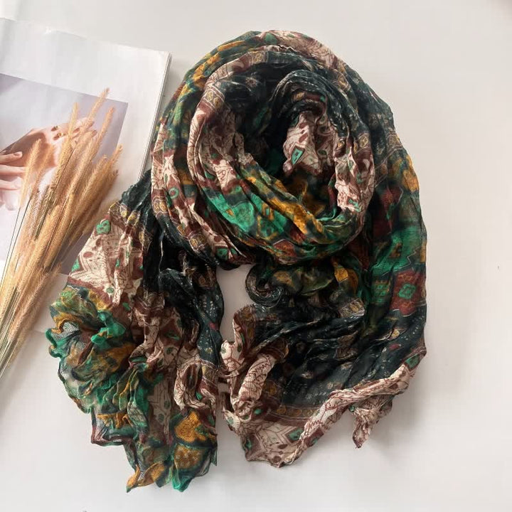 Sciarpa autunnale sottile in lino e cotone plissettato in stile etnico da donna