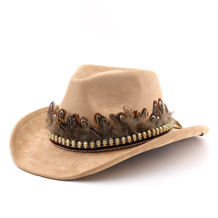 Cappello da cowboy in pelle scamosciata con fascia decorativa etnica in piume