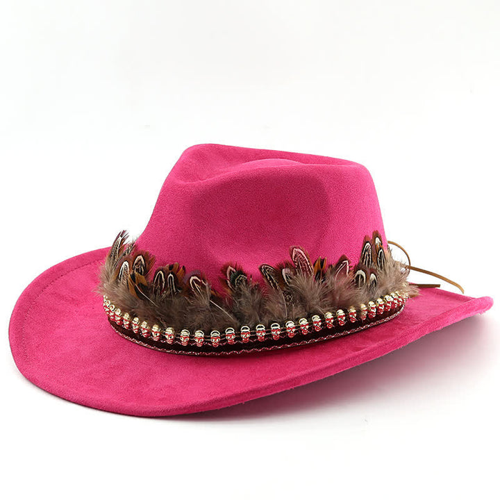 Cappello da cowboy in pelle scamosciata con fascia decorativa etnica in piume