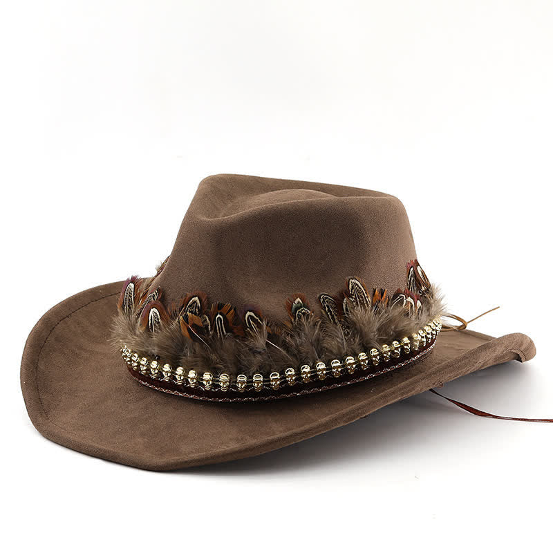 Cappello da cowboy in pelle scamosciata con fascia decorativa etnica in piume