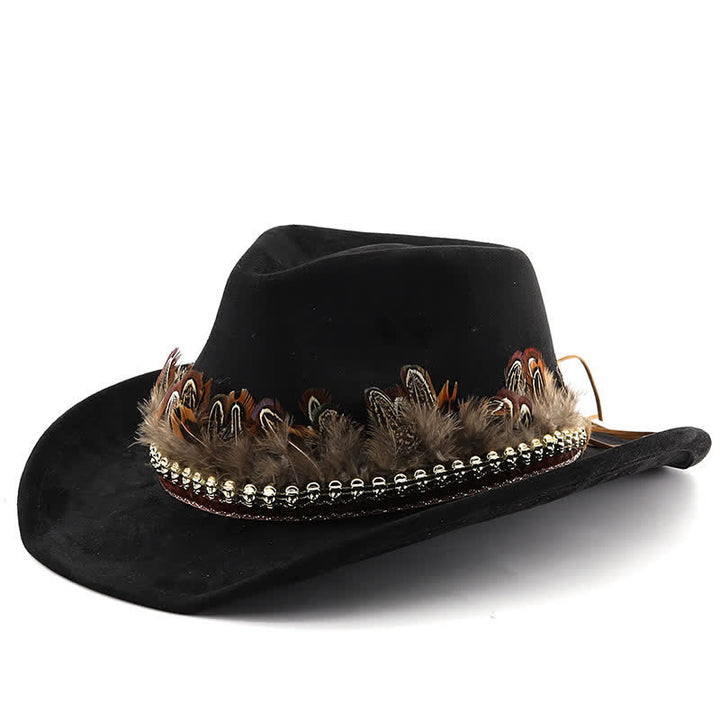 Cappello da cowboy in pelle scamosciata con fascia decorativa etnica in piume