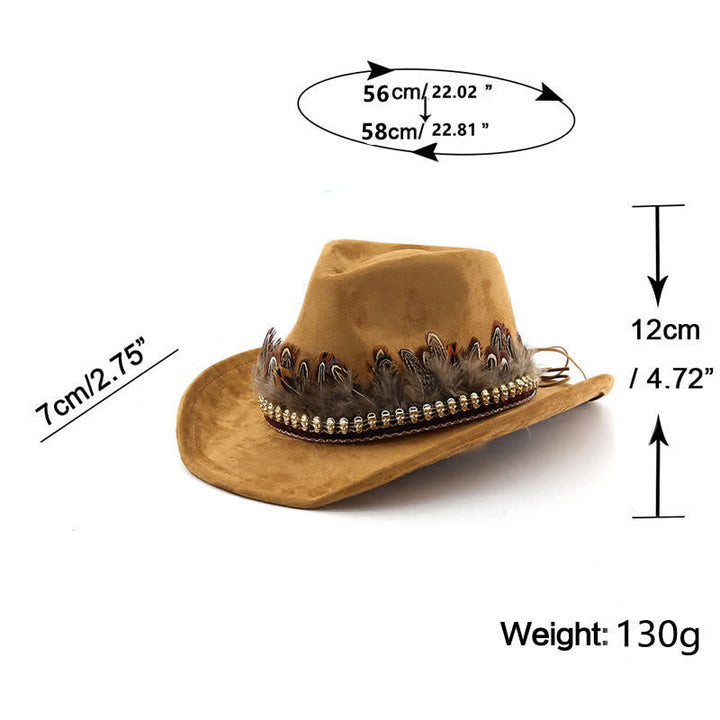Cappello da cowboy in pelle scamosciata con fascia decorativa etnica in piume