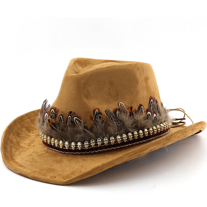 Cappello da cowboy in pelle scamosciata con fascia decorativa etnica in piume