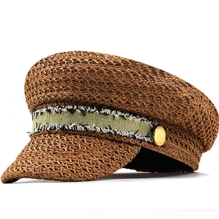 Cappello basco in paglia all'uncinetto con berretto blu navy a punta piatta da donna