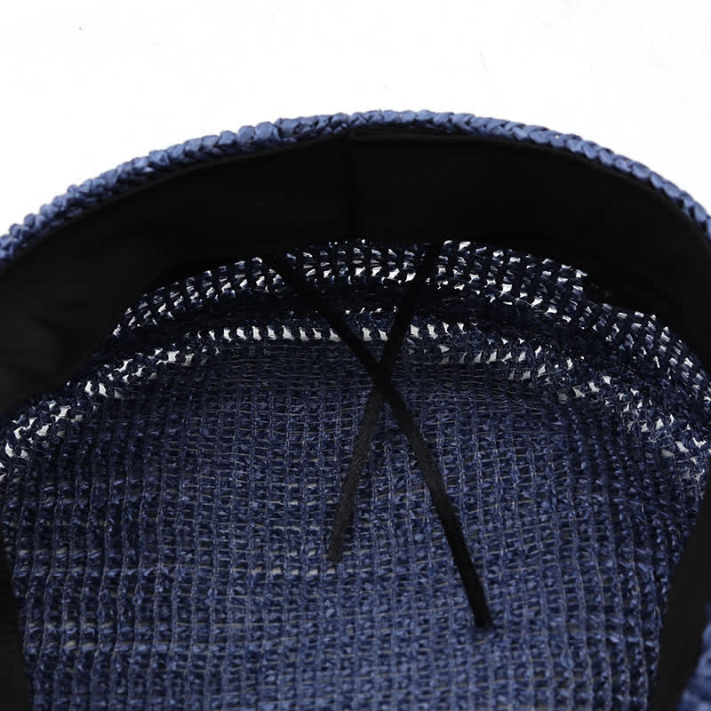 Cappello basco in paglia all'uncinetto con berretto blu navy a punta piatta da donna