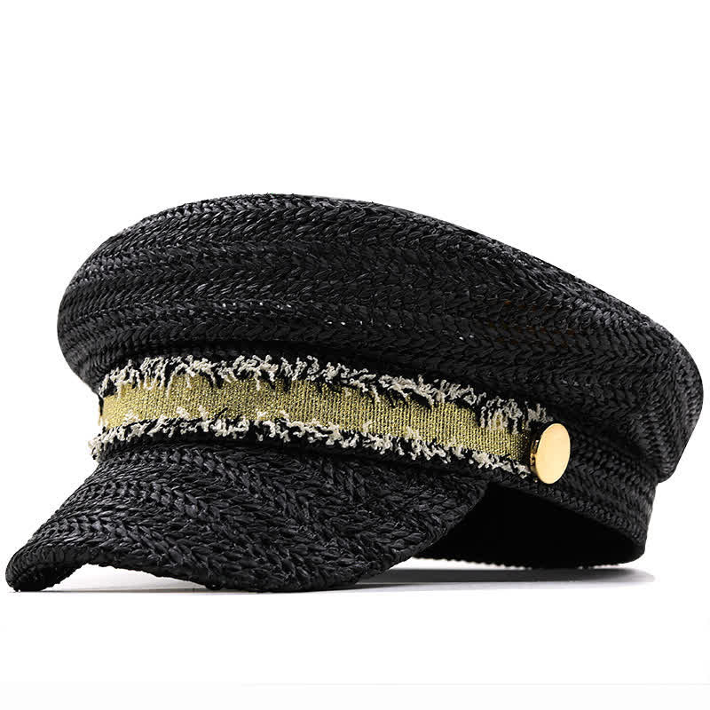 Cappello basco in paglia all'uncinetto con berretto blu navy a punta piatta da donna