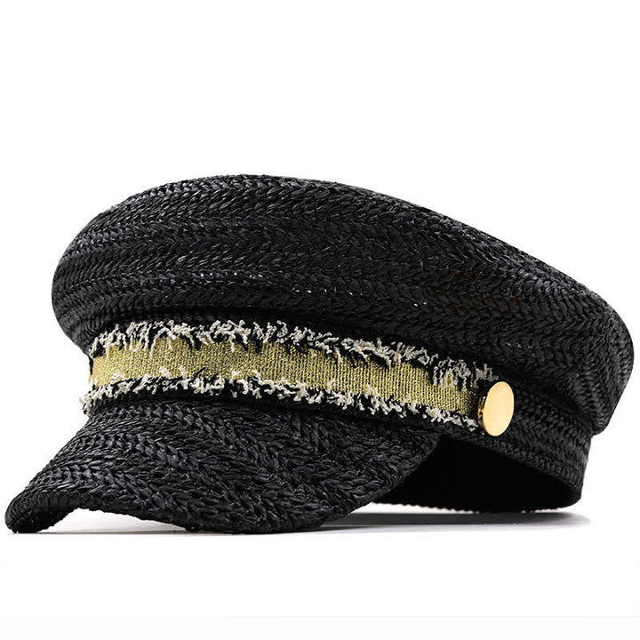 Cappello basco in paglia all'uncinetto con berretto blu navy a punta piatta da donna