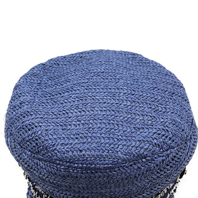 Cappello basco in paglia all'uncinetto con berretto blu navy a punta piatta da donna