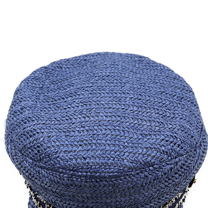 Cappello basco in paglia all'uncinetto con berretto blu navy a punta piatta da donna