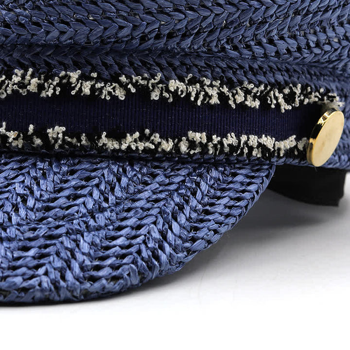 Cappello basco in paglia all'uncinetto con berretto blu navy a punta piatta da donna