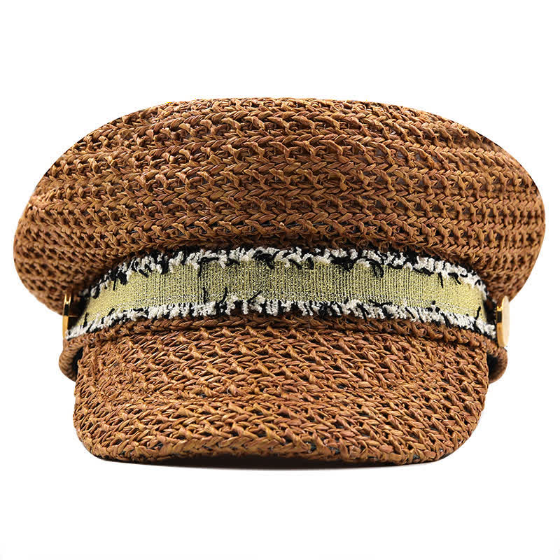 Cappello basco in paglia all'uncinetto con berretto blu navy a punta piatta da donna