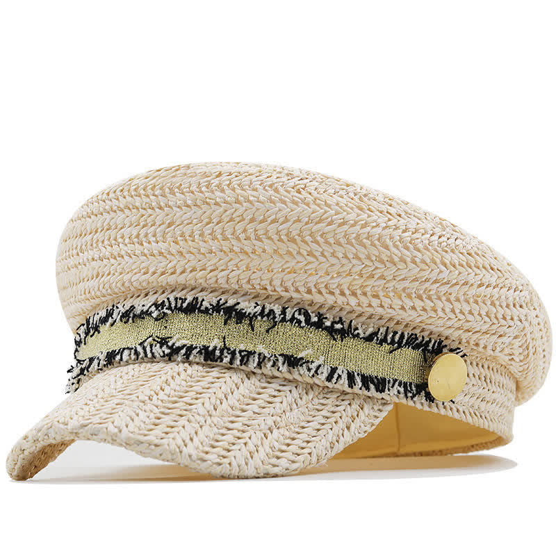 Cappello basco in paglia all'uncinetto con berretto blu navy a punta piatta da donna