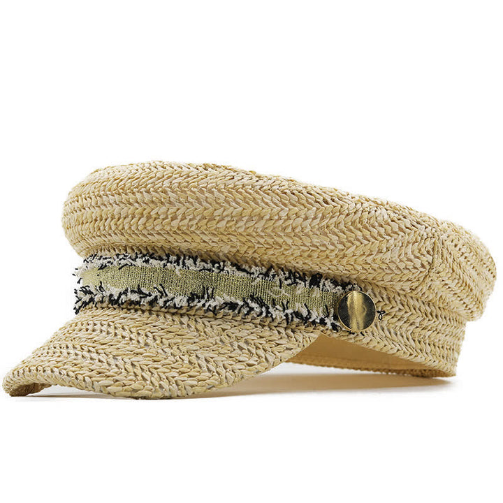 Cappello basco in paglia all'uncinetto con berretto blu navy a punta piatta da donna