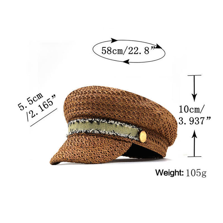 Cappello basco in paglia all'uncinetto con berretto blu navy a punta piatta da donna