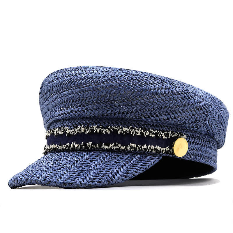 Cappello basco in paglia all'uncinetto con berretto blu navy a punta piatta da donna