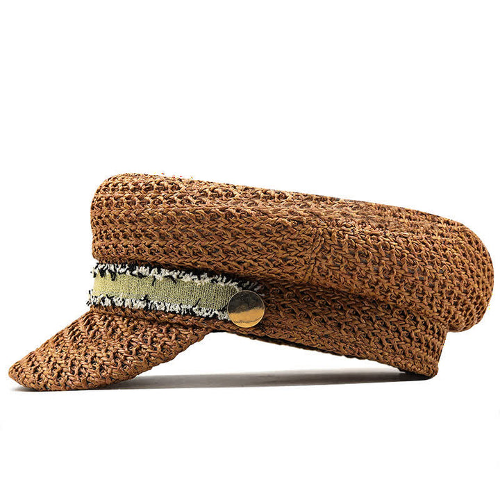 Cappello basco in paglia all'uncinetto con berretto blu navy a punta piatta da donna