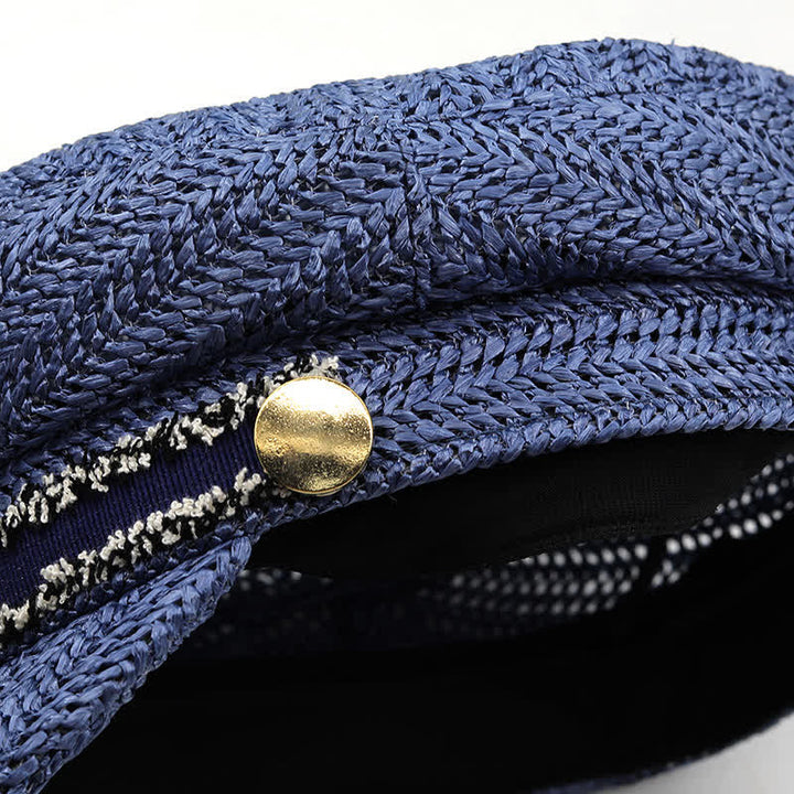 Cappello basco in paglia all'uncinetto con berretto blu navy a punta piatta da donna