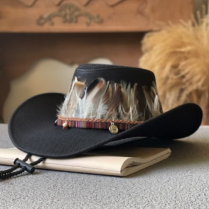 Cappello da cowboy western con fascia di piume in stile etnico a tesa larga