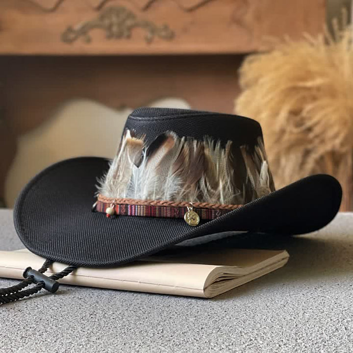 Cappello da cowboy western con fascia di piume in stile etnico a tesa larga