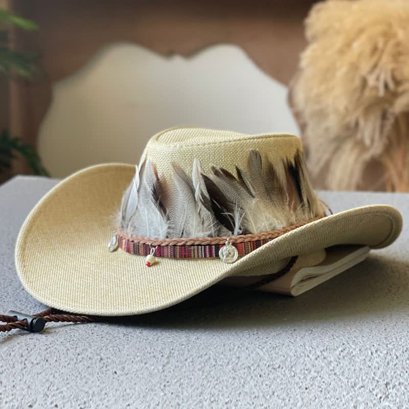 Cappello da cowboy western con fascia di piume in stile etnico a tesa larga