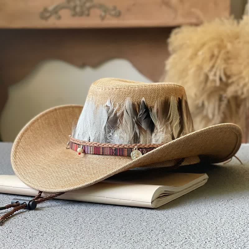Cappello da cowboy western con fascia di piume in stile etnico a tesa larga