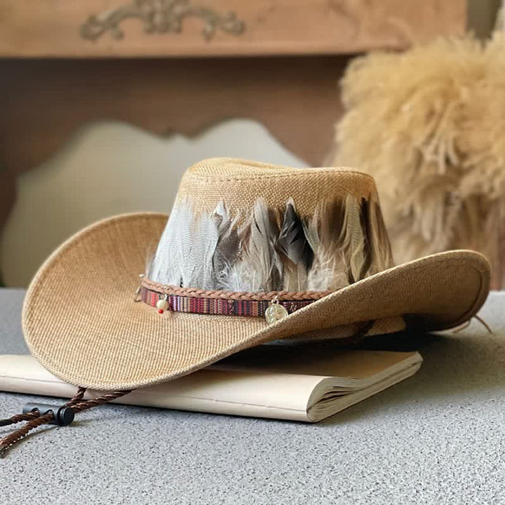 Cappello da cowboy western con fascia di piume in stile etnico a tesa larga