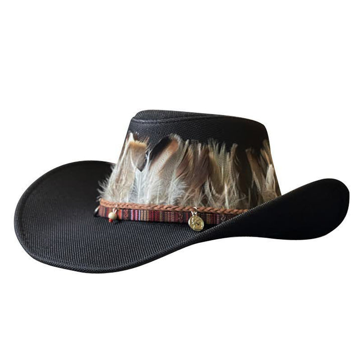 Cappello da cowboy western con fascia di piume in stile etnico a tesa larga